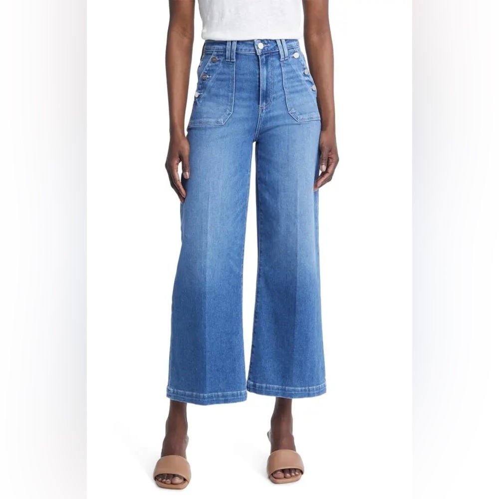 PAIGE Medium Blue Wide-Leg Flare Jeans